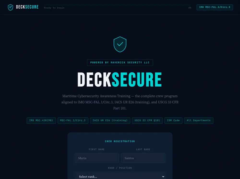 DeckSecure start screen showing crew registration and the standards the program covers
